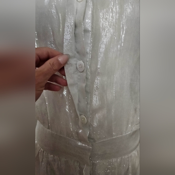 GRETCHEN SCOTT Breezy Blouson Dress- Glinda lurex -silver/white. Size Medium - Picture 8 of 16